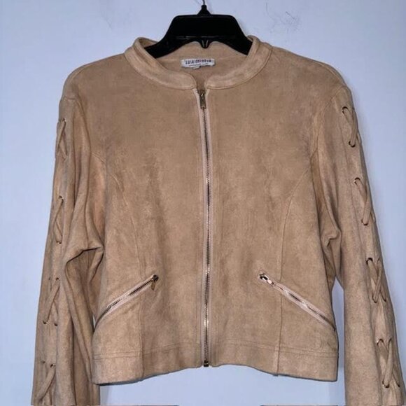 Fashion Nova Women's Vegan Suede Stretch Jacket Full Zip Pockets Tan SZ 1X - Picture 2 of 9